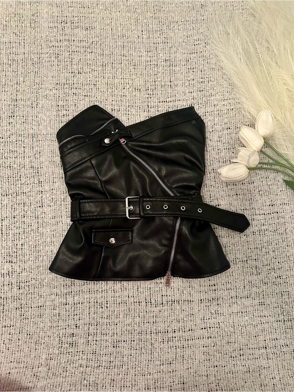 Zara Black Strapless Faux Leather Corset Belted Jacket